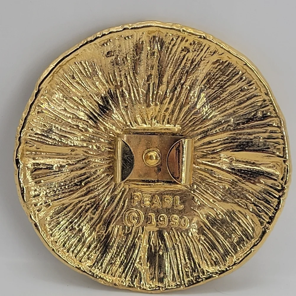 Vintage Signed PEARL 1990 Belt Buckle Round Gold Metal Enamel